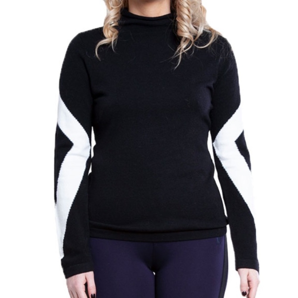 PATRIZIA LUCA BLACK KNIT TURTLENECK WITH WHITE DETAIL ON SLEEVE SIZE LARGE